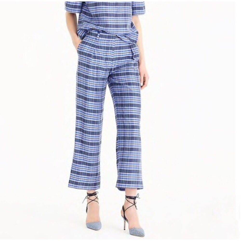 J. Crew Blue Plaid Silk Cropped Wide Leg Trousers - Picture 9 of 11